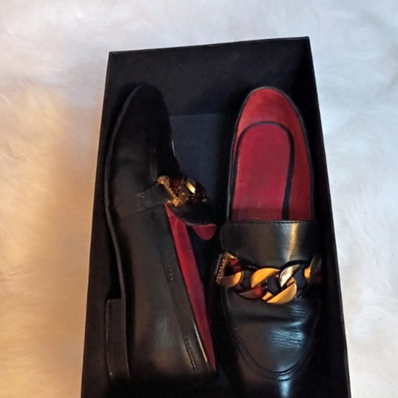 Kurt Geiger Shoes - Kurt Geiger Black Genuine Leather Loafers with Gold and Brown Marble Chain